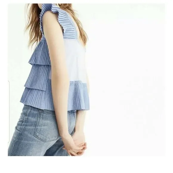 J. Crew Ruffle Top Blue Pleated Tiered Summer Size Small - Picture 2 of 9